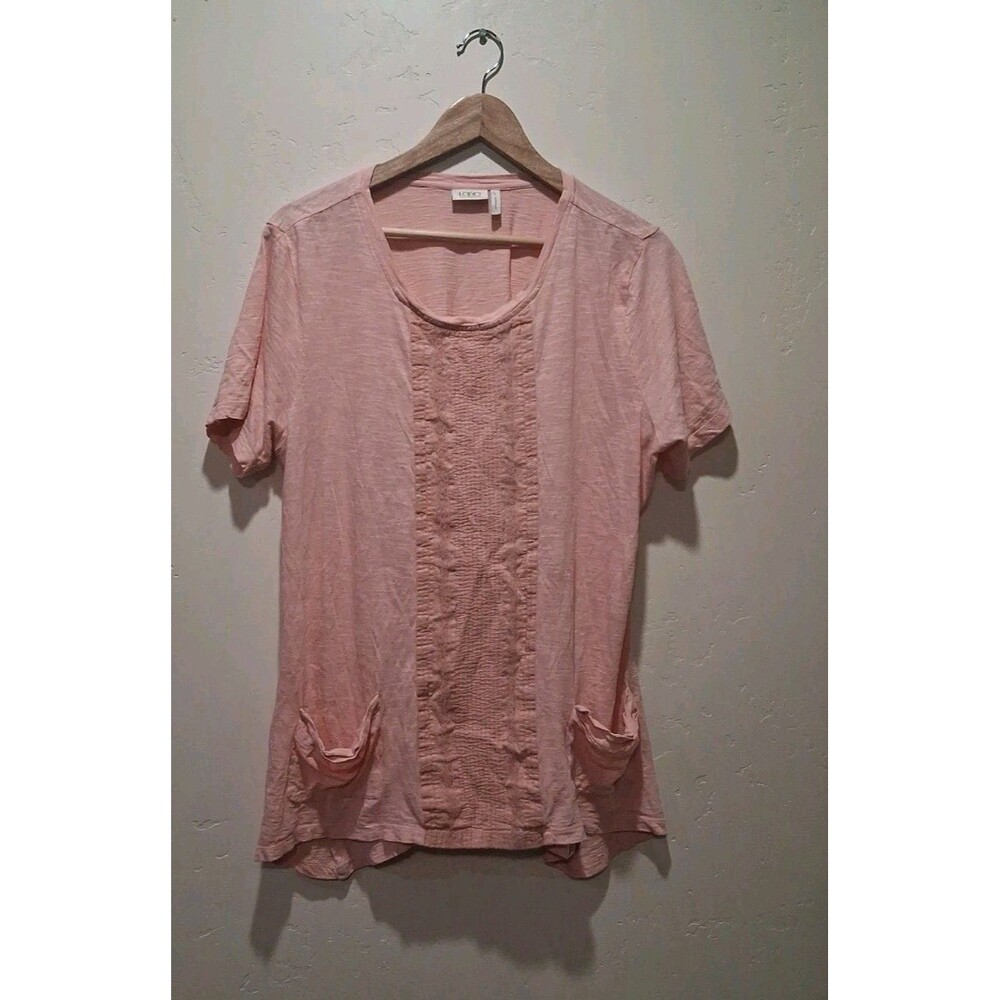 LOGO Lori Goldstein Pink Tunic Short Sleeve Pink Pockets Size L Lagenlook